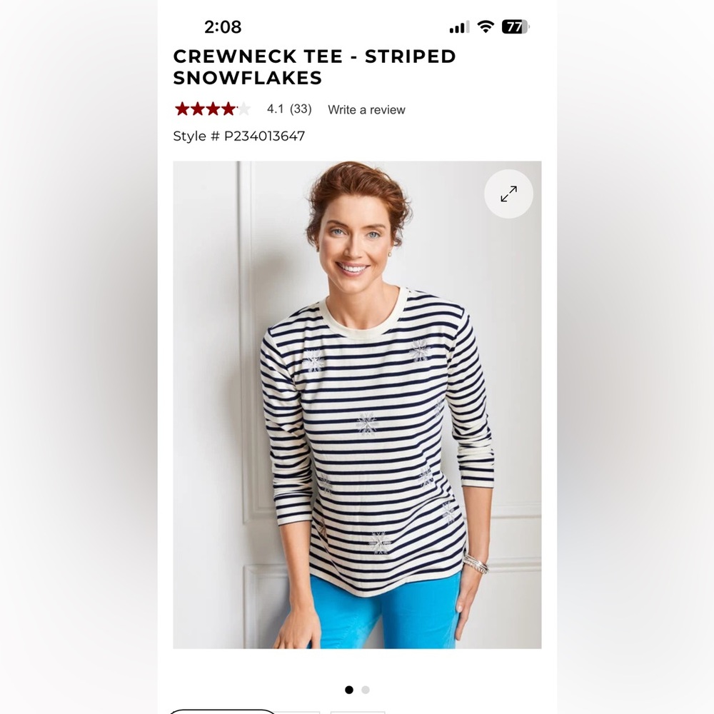 Talbots new with tag crewneck tee striped snowflakes size large